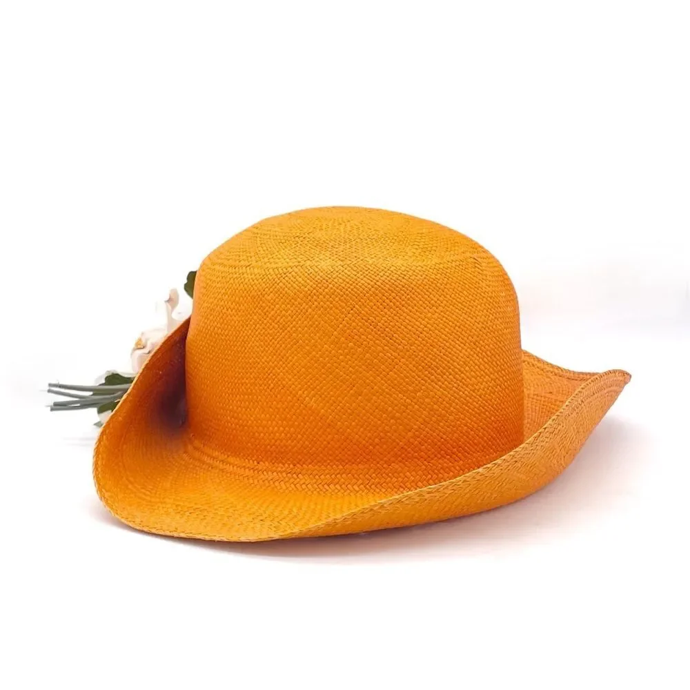 Vintage 1960s Madcaps Orange Straw Hat White Blossom Flower Pin Trim Wide Brim - Picture 4 of 16